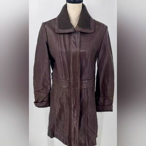 Jones New York Coat Womens Medium Leather Brown Trench Long Real Genuine
